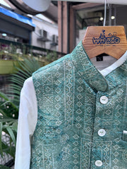 Boys Ivory Kurta Set with Mint Green Textured Nehru Jacket – Elegant Traditional Outfit with Cotton Lining (Age 1 to 7 Years)