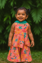 Coral Pink & Teal Floral Palazzo/gharara/sharara Set – For Baby Girls (6Month to 4years)