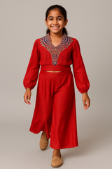 Girls Vibrant Orange Palazzo Set with Heavily Embroidered Yoke & Flowing Skirt – Elegant Festive & Party Wear Outfit (Age 5 to 16 Years)