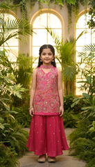 Whizzo Kids Pink Floral Embroidered Gharara Set with Choker Neck – Festive Ethnic Wear for Girls (6 Months – 7 Years)