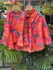 Coral Pink & Teal Floral Palazzo/gharara/sharara Set – For Baby Girls (6Month to 4years)