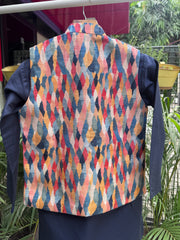 Boys Navy Kurta Set with Multicolor Geometric Printed Nehru Jacket – Festive & Wedding Wear with Cotton Lining (Age 5 to 7 Years)