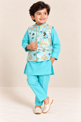 Aqua Scenic Motif Jacket Kurta Set