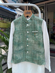 Boys Ivory Kurta Set with Mint Green Textured Nehru Jacket – Elegant Traditional Outfit with Cotton Lining (Age 1 to 7 Years)