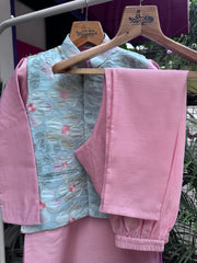 Boys Aqua Floral Nehru Jacket & Baby Pink Kurta Pajama Set | Premium Festive Ethnic Wear (5–7 Years) – With Soft Cotton Lining