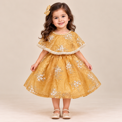 Golden Floral Lace Cape Dress | 1-4Y