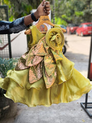 Whizzo Kids Olive green Gold Sequin Petal Party Frock for Girls – Luxury Layered Festive Dress with 100% Cotton Lining (Age 1 Year to 5 Years)