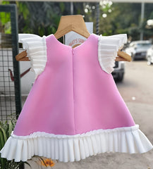 Candyland Dessert Motif Designer Frock with Pleated Flutter Sleeves & Pearl Embellishments – Whizzo Kids Party Dress for Girls (Age 1 Year to 8 Years)