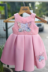 Peach Sequin Butterfly Designer Party Frock with Pearl Embellishments & Pleated Princess Skirt – Celebration Dress for Girls (Age 1 Year to 5 Years) | WHIZZO Kids