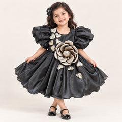 Puff-Sleeve with Metallic Rose Party Dress for Girls | 1Y to 4Y