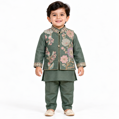 Emerald Floral Grace Jacket Kurta Set | NB–5Y
