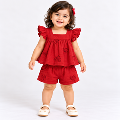 Heart Detail Ruffle Top with Shorts Co-ord Set | 1-6Y