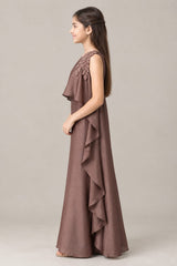 One-Shoulder Leaf Applique Gown | 7-18Y