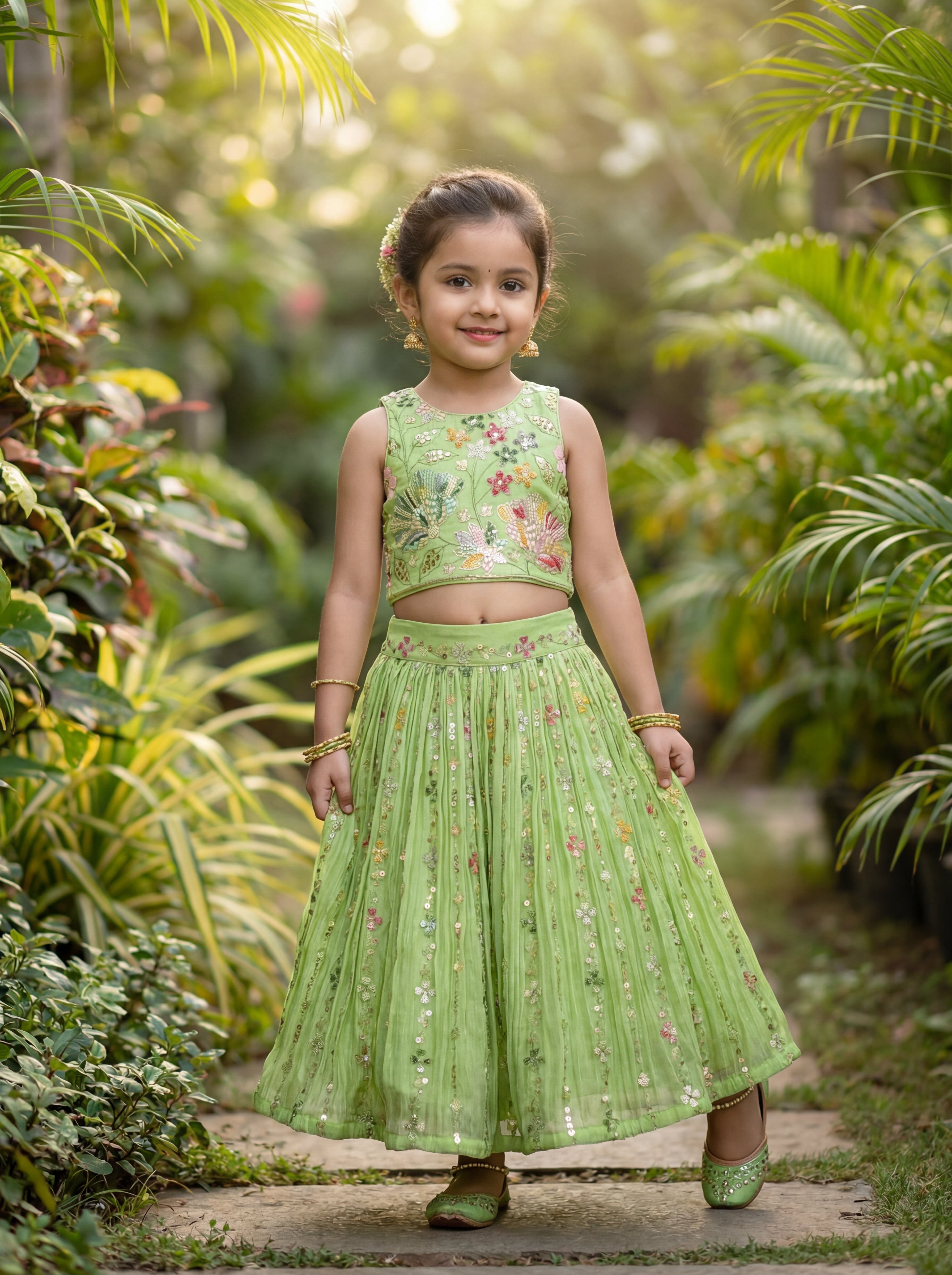 Whizzo Kids Pistachio Green Floral Embroidered Lehenga Set – Festive Ethnic Wear for Girls (6 Months – 7 Years)
