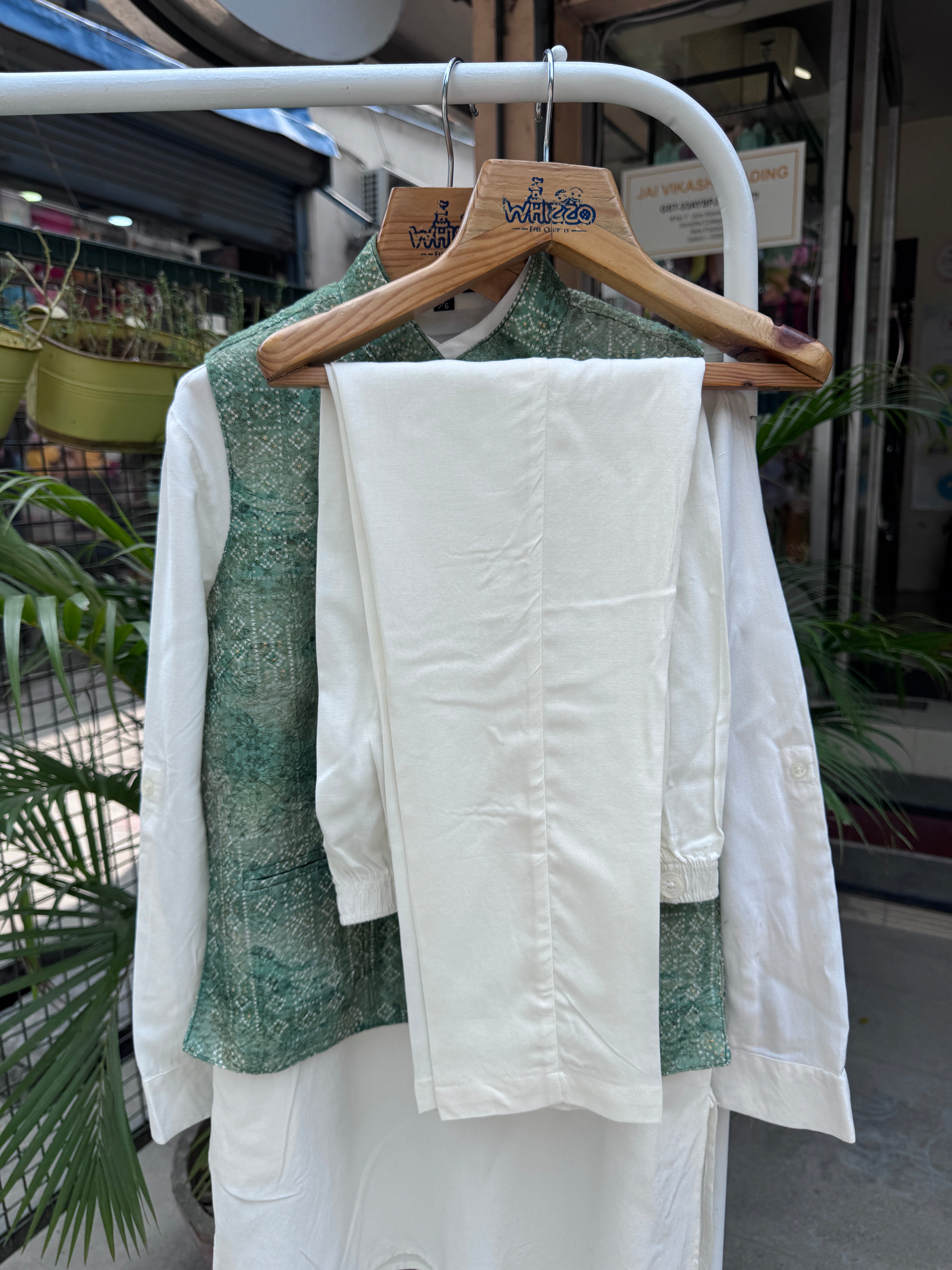 Boys Ivory Kurta Set with Mint Green Textured Nehru Jacket – Elegant Traditional Outfit with Cotton Lining (Age 1 to 7 Years)