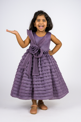 “Lavender Layered Ruffle Full-Length Party Gown with 3D Flower Bow – Elegant Sleeveless Dress for Girls Age 3 to 10 Years – Birthday, Wedding & Festive Wear”