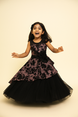 Black & Mauve Full-Length Party Gown with Floral Velvet Overlay, Layered Tulle Skirt & Waist Bow – Elegant Dress for Girls Age 3 to 10 Years – Birthday, Wedding & Festive Wear