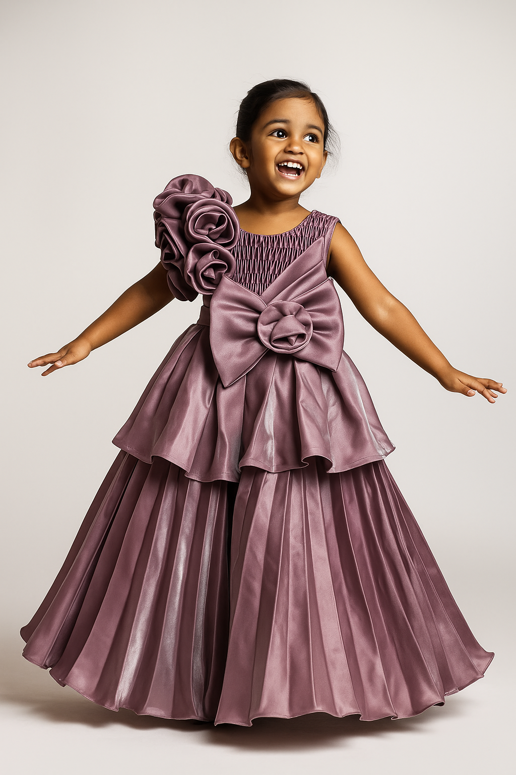 Lavender Layered Full-Length Party Gown with Oversized Bow, 3D Rose Shoulder Embellishments & Pleated Skirt – Designer Dress for Girls Age 3 to 10 Years – Birthday, Wedding & Festive Wear