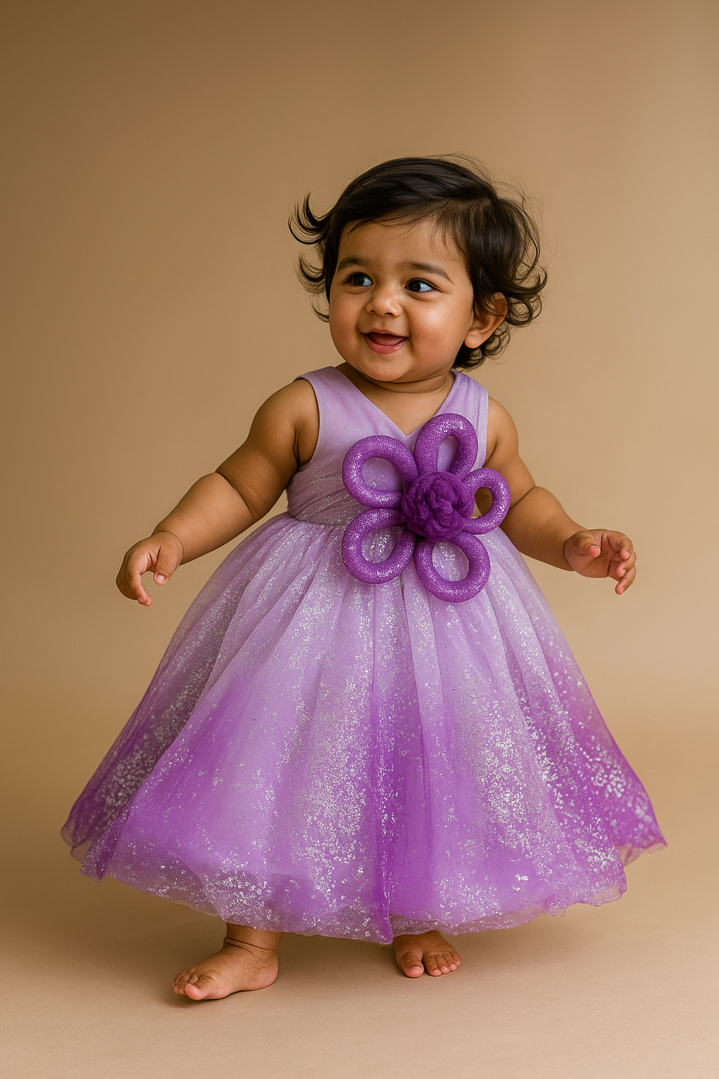 Purple Glitter Ombre Birthday Gown with Oversized 3D Floral Bow – Princess Party Dress for Girls (Ideal for 1st, 2nd & 3rd Birthdays)