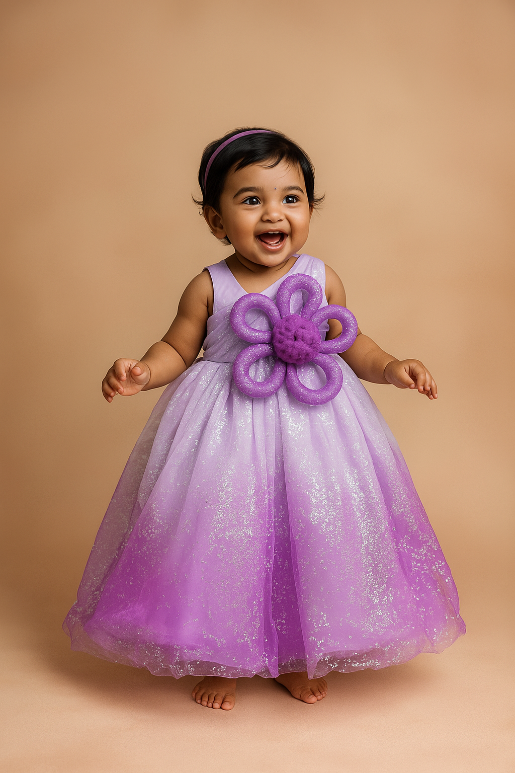 Purple Glitter Ombre Birthday Gown with Oversized 3D Floral Bow – Princess Party Dress for Girls (Ideal for 1st, 2nd & 3rd Birthdays)