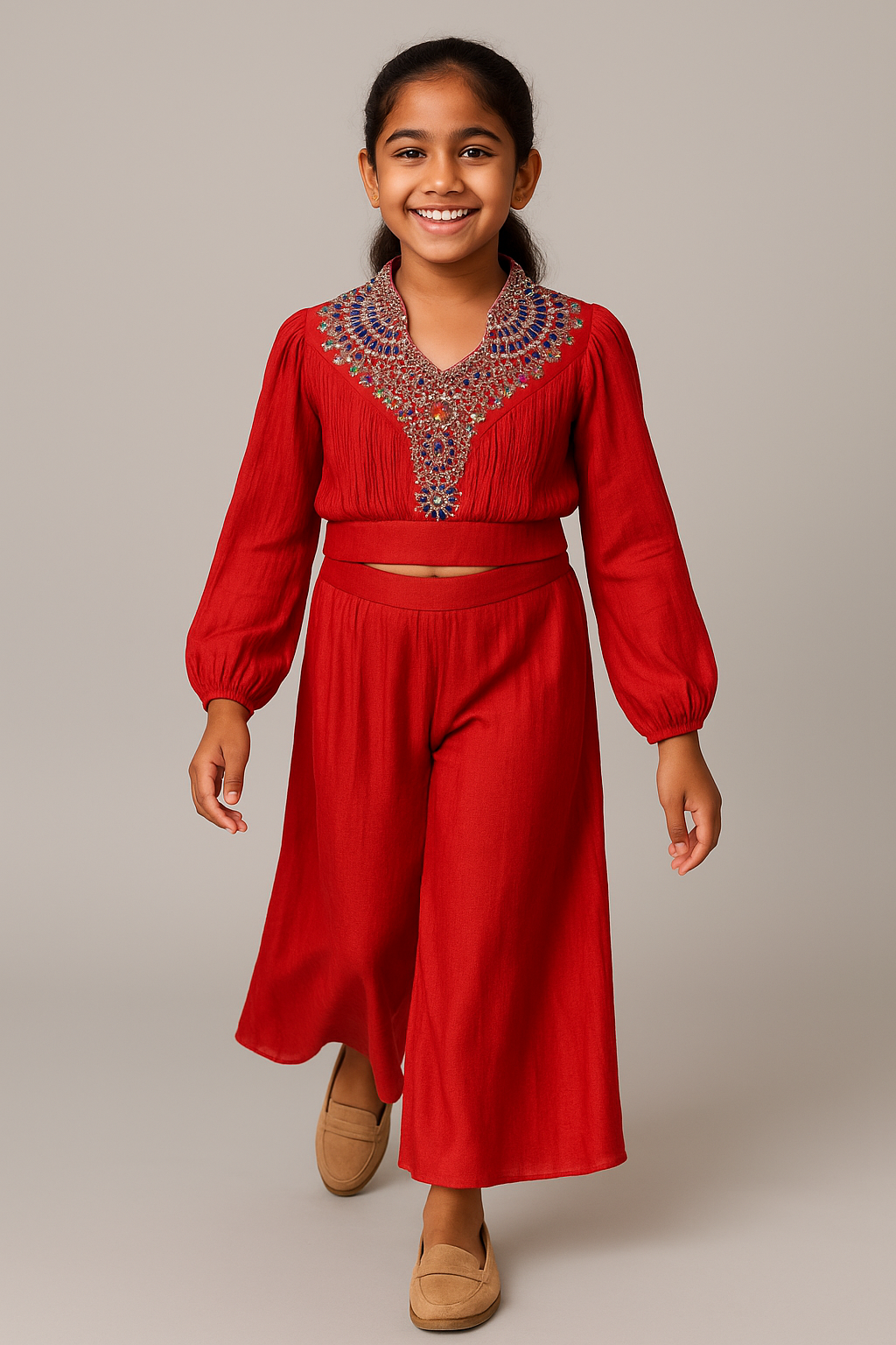 Girls Vibrant Orange Palazzo Set with Heavily Embroidered Yoke & Flowing Skirt – Elegant Festive & Party Wear Outfit (Age 5 to 16 Years)