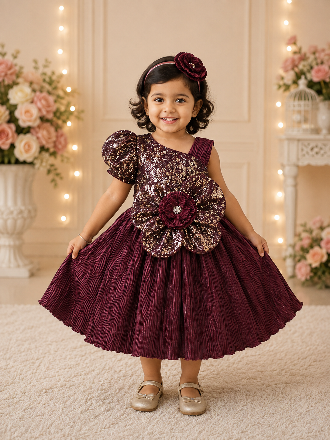 3D Floral Design with Puff Sleeve Dress for Girls | 1Y to 6Y