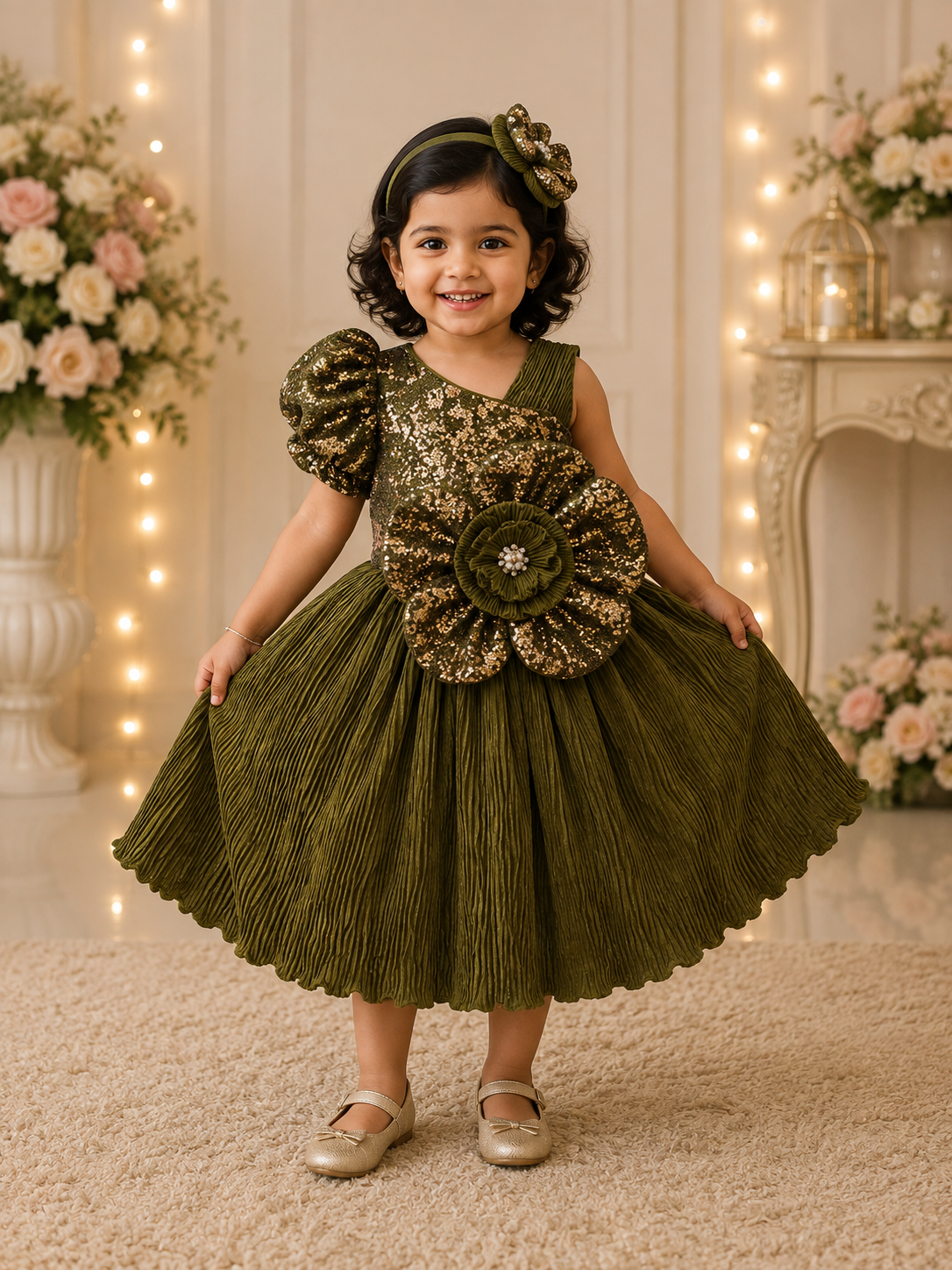 3D Floral Design with Puff Sleeve Dress for Girls | 1Y to 6Y