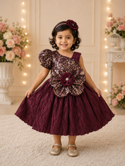 3D Floral Design with Puff Sleeve Dress for Girls | 1Y to 6Y