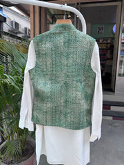 Boys Ivory Kurta Set with Mint Green Textured Nehru Jacket – Elegant Traditional Outfit with Cotton Lining (Age 1 to 7 Years)