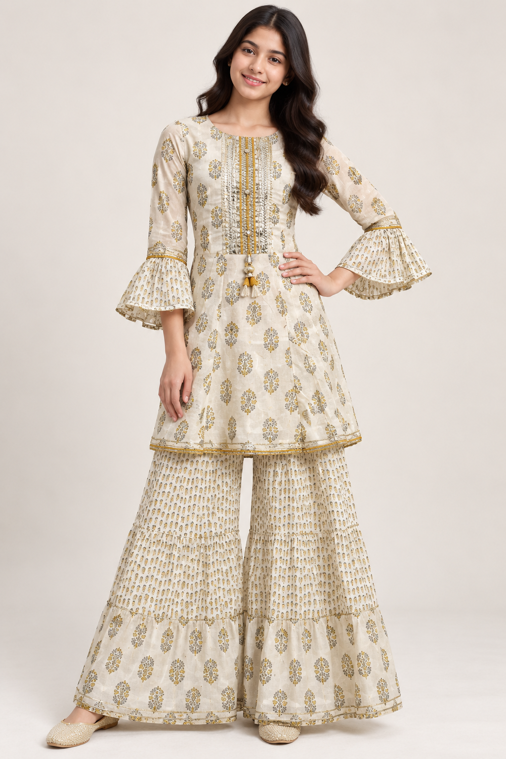 Aaira Golden Stripe Gharara Set for Girls | 15-16Y