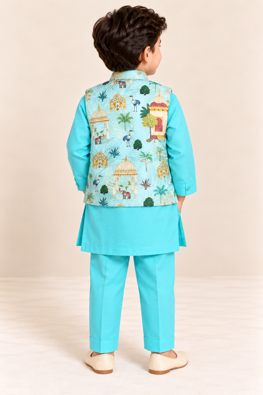 Aqua Scenic Motif Jacket Kurta Set