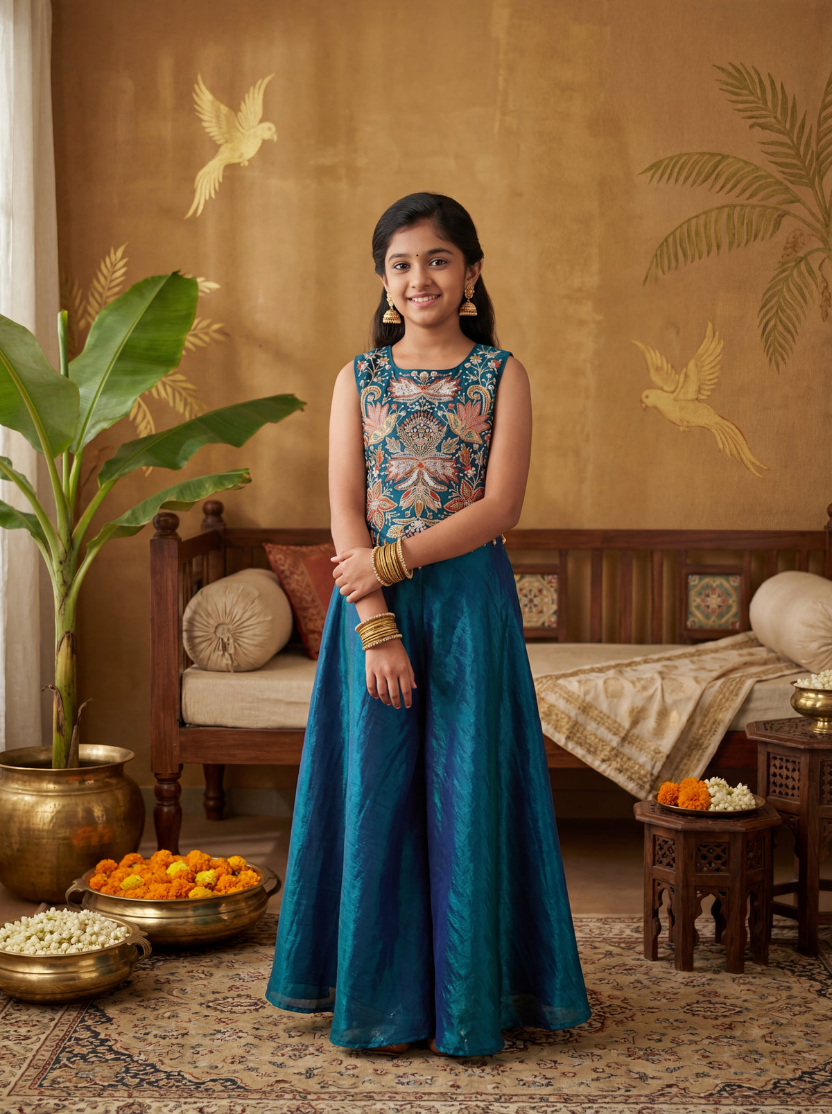 Whizzo Kids Royal Teal Embroidered Festive Gharara Set with Dupatta & Detachable Sleeves for Girls – Elegant Ethnic Occasion Wear with Soft Cotton Lining (Age 1 Year to 18 Years)