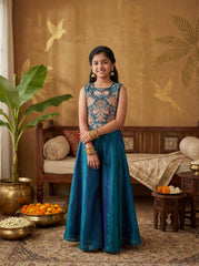 Whizzo Kids Royal Teal Embroidered Festive Gharara Set with Dupatta & Detachable Sleeves for Girls – Elegant Ethnic Occasion Wear with Soft Cotton Lining (Age 1 Year to 18 Years)