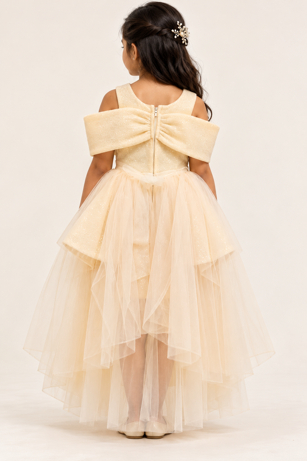 Pearl Bow Layered Tulle High-Low Gown | 3-10Y