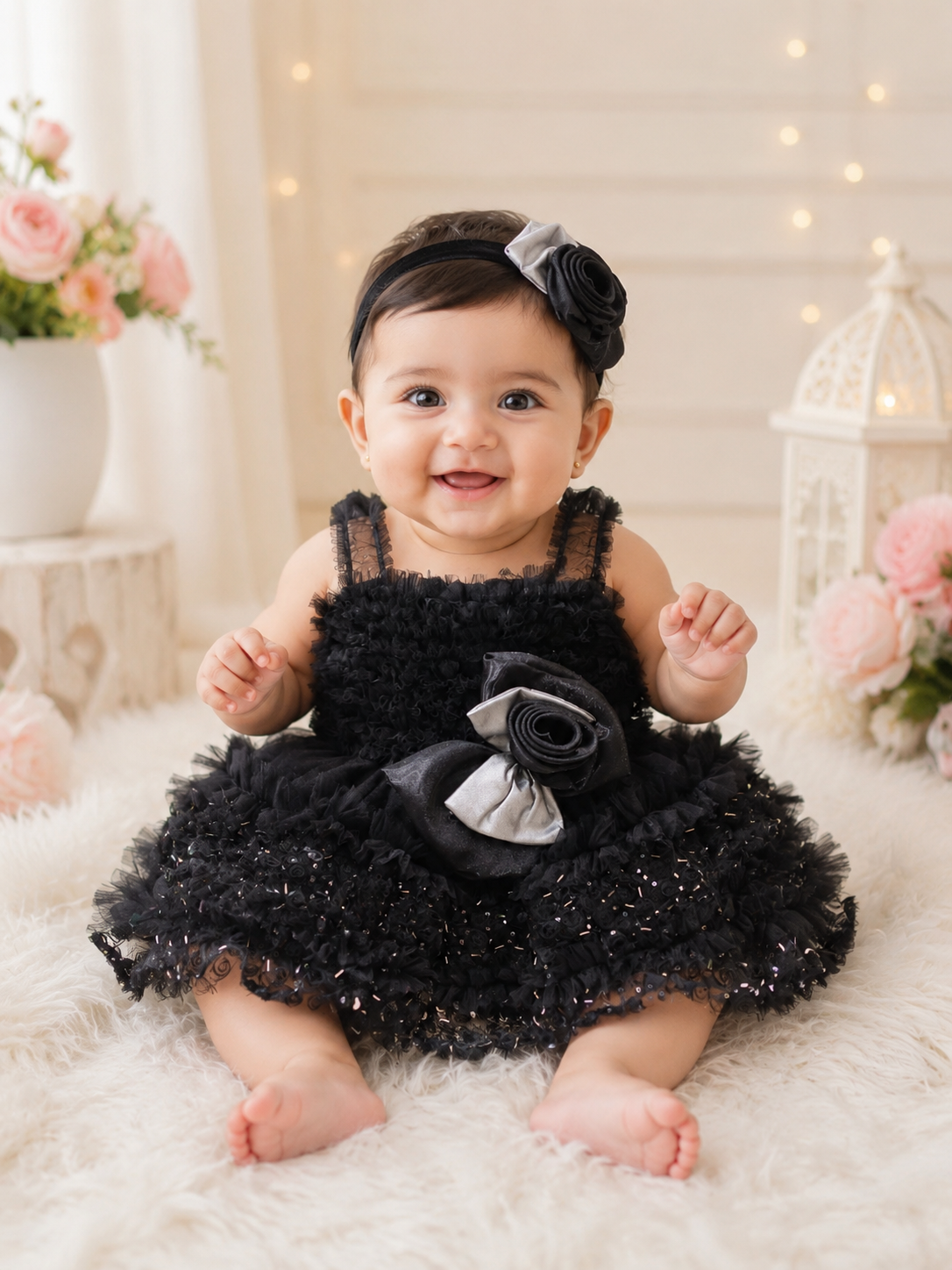 Black Bloom Frill Dress for Girls | 6M to 5Y
