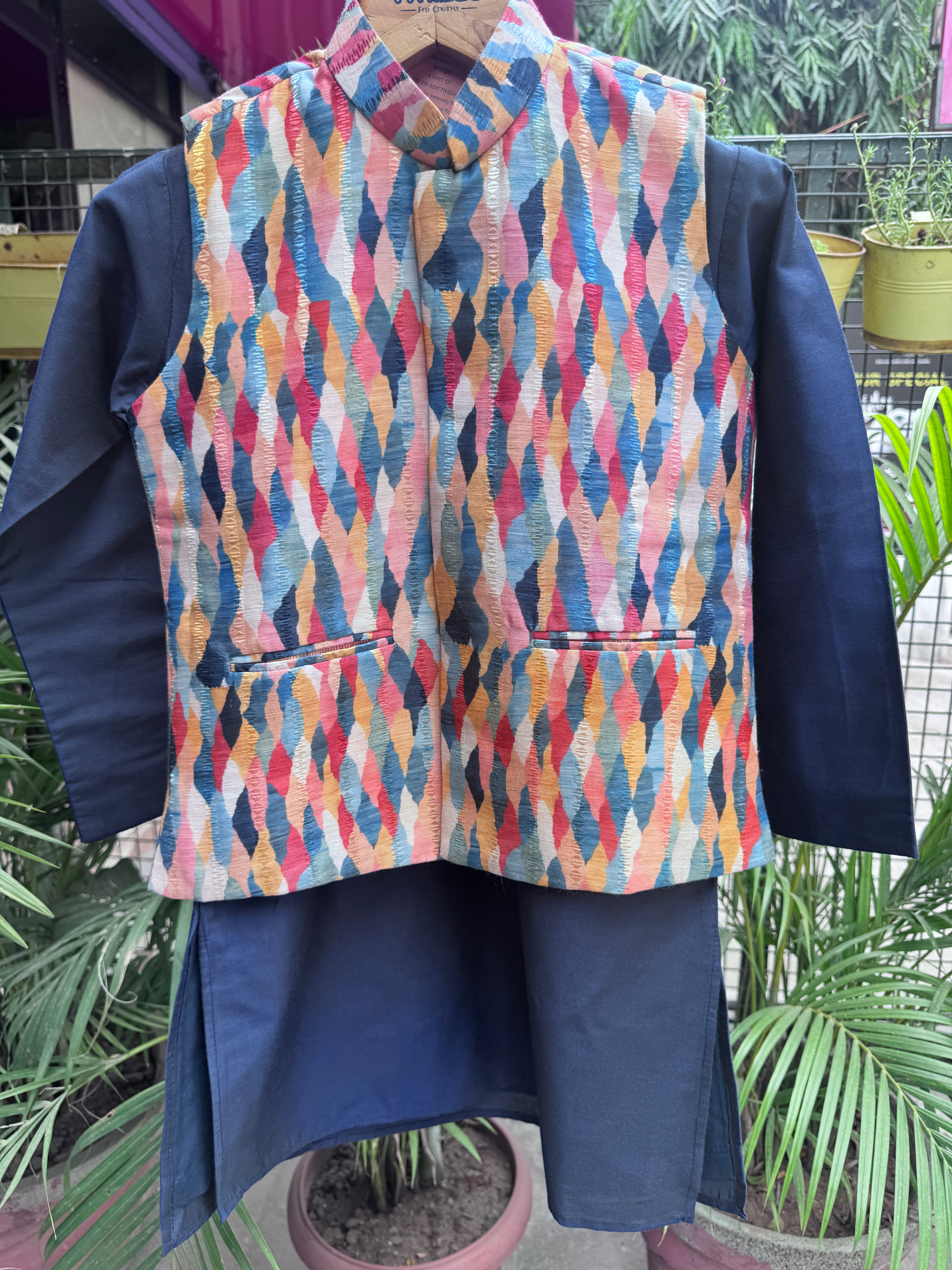 Boys Navy Kurta Set with Multicolor Geometric Printed Nehru Jacket – Festive & Wedding Wear with Cotton Lining (Age 5 to 7 Years)
