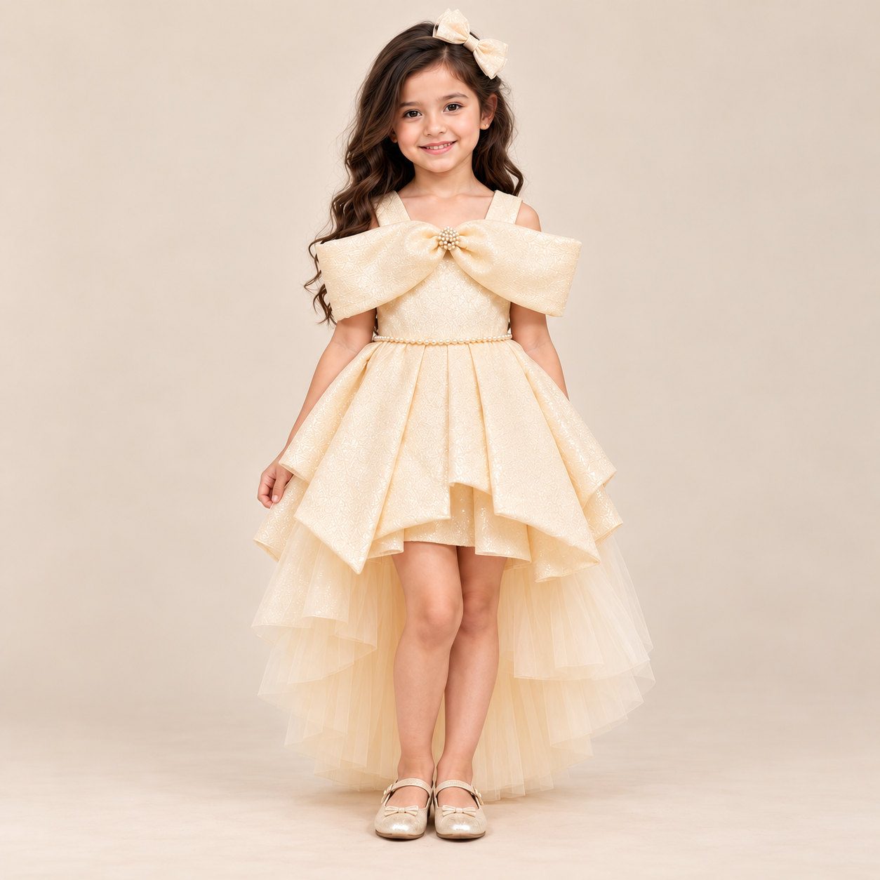 Pearl Bow Layered Tulle High-Low Gown | 3-10Y