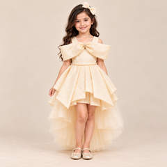 Pearl Bow Layered Tulle High-Low Gown | 3-10Y