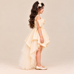 Pearl Bow Layered Tulle High-Low Gown | 3-10Y