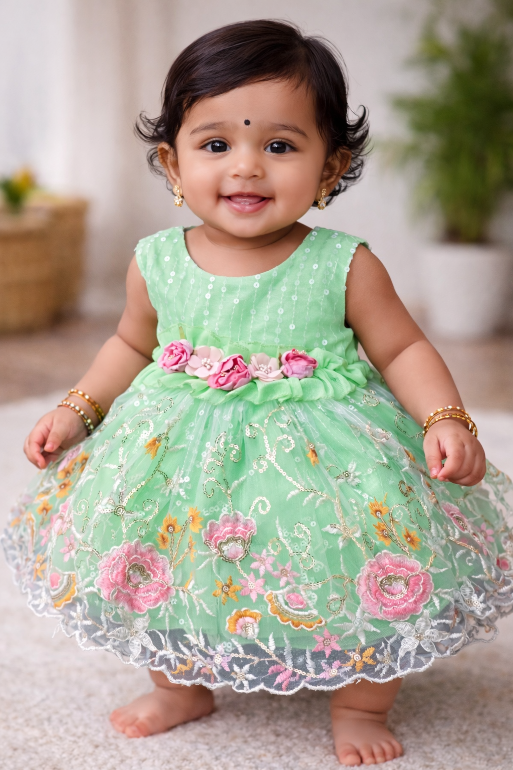 Whizzo Kids Green Frock for Girls – Festive Wear with Soft Cotton Lining (Age 6M to 4 Years) | Sale
