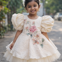 Beige Hand-Embroidered Floral Designer Party Frock with Statement Puff Sleeves – Elegant Celebration Dress for Girls (Age 1 Year to 5 Years) | WHIZZO Kids