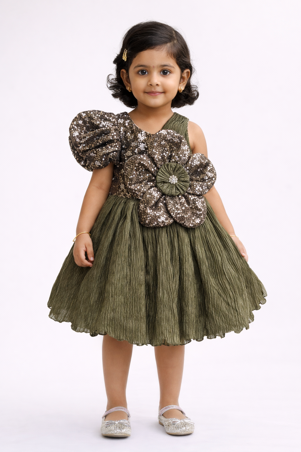 3D Floral Sequin Designer Party Frock with Puff Sleeve & Textured Flare Skirt – Elegant Celebration Dress for Girls (Age 1 Year to 5 Years) | WHIZZO Kids
