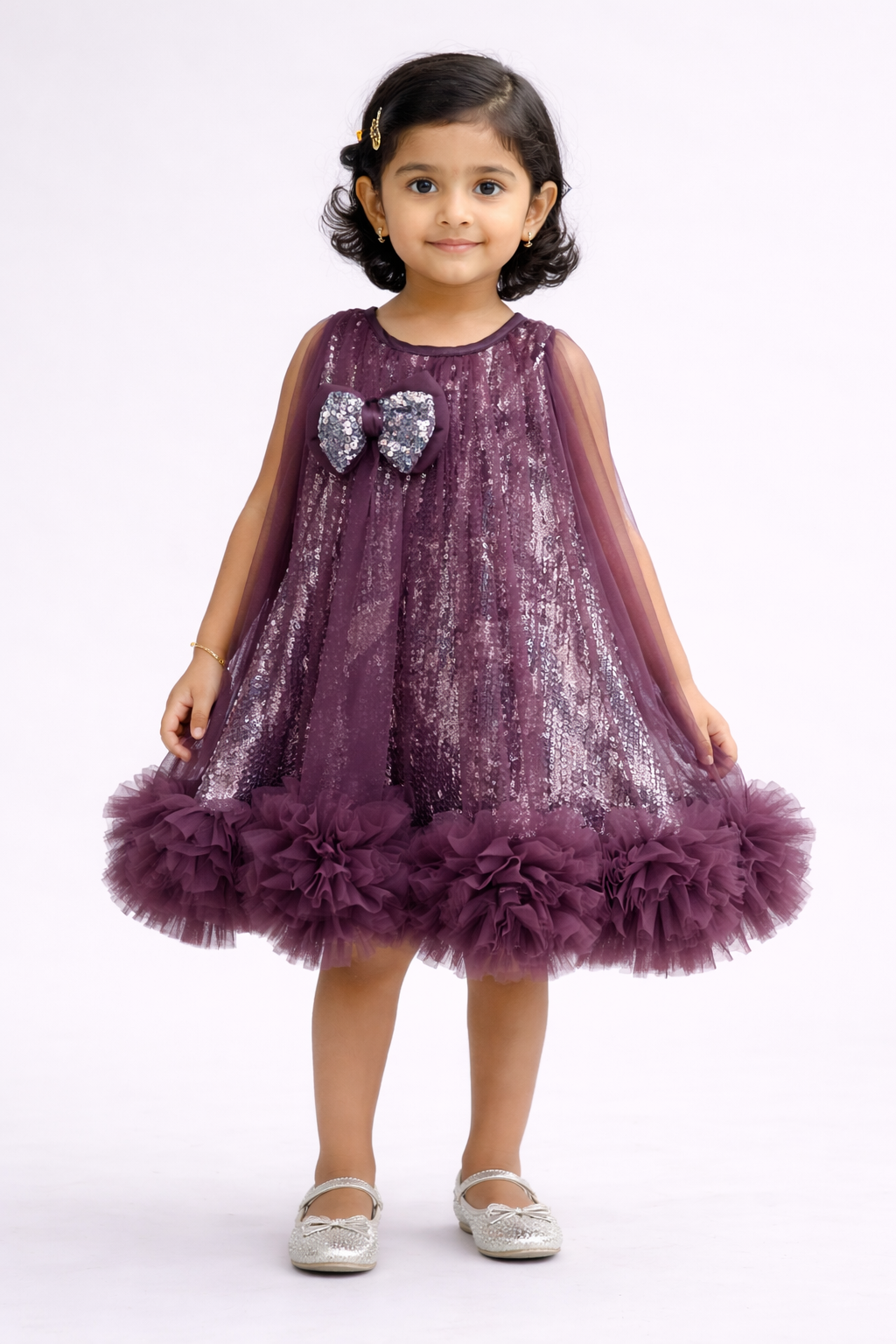 Sequin Sparkle Bow Designer Party Frock with Soft Tulle Ruffle Hem – Elegant Celebration Dress for Girls (Age 1 Year to 5 Years) | WHIZZO Kids