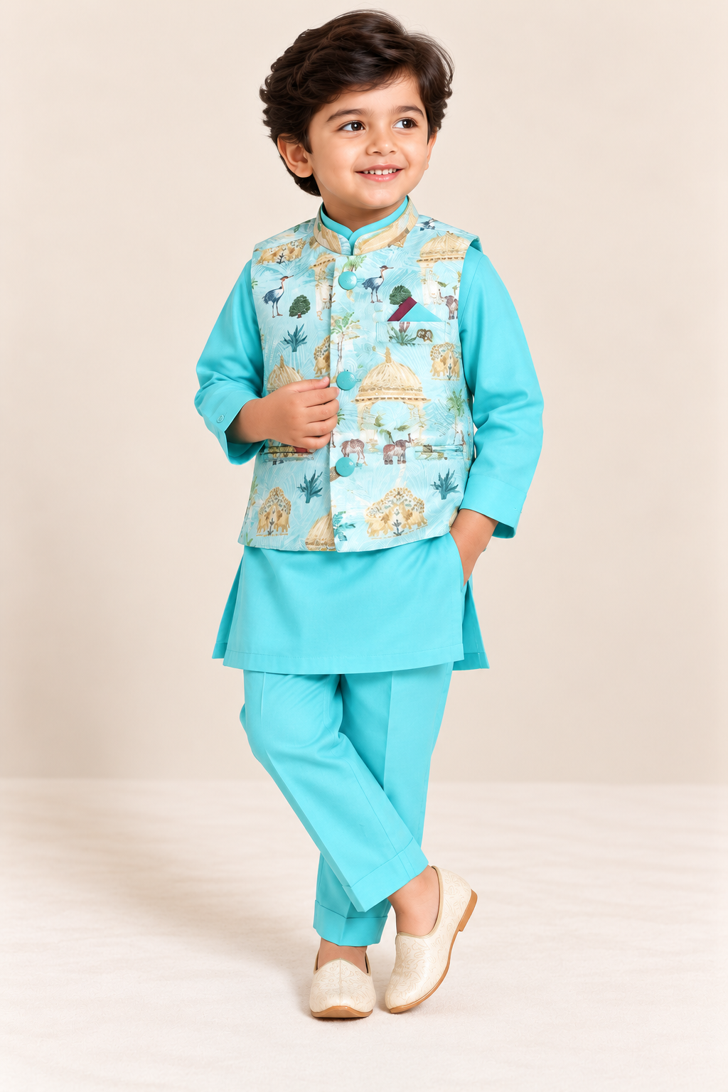 Aqua Scenic Motif Jacket Kurta Set