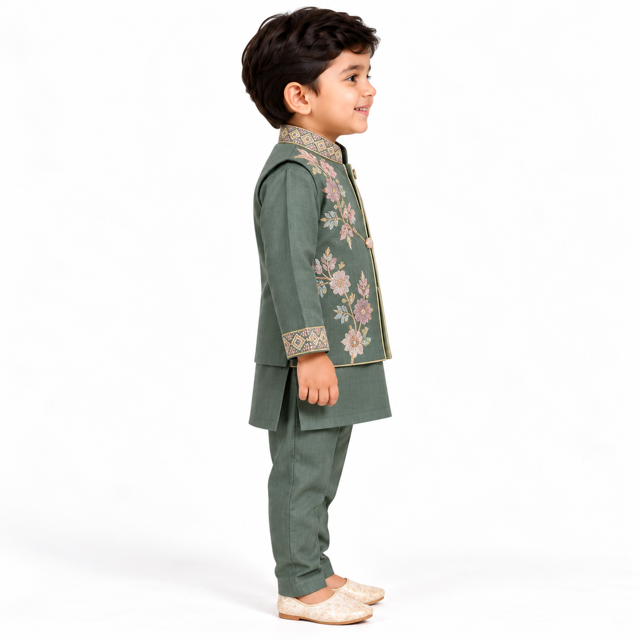 Emerald Floral Grace Jacket Kurta Set | NB–5Y