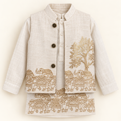 Ivory Elephant Foil Print Jacket Kurta