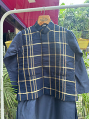 Boys Navy Blue Kurta Set with Gold Check Nehru Jacket – Premium Festive & Wedding Outfit (Age 5 to 7 Years)