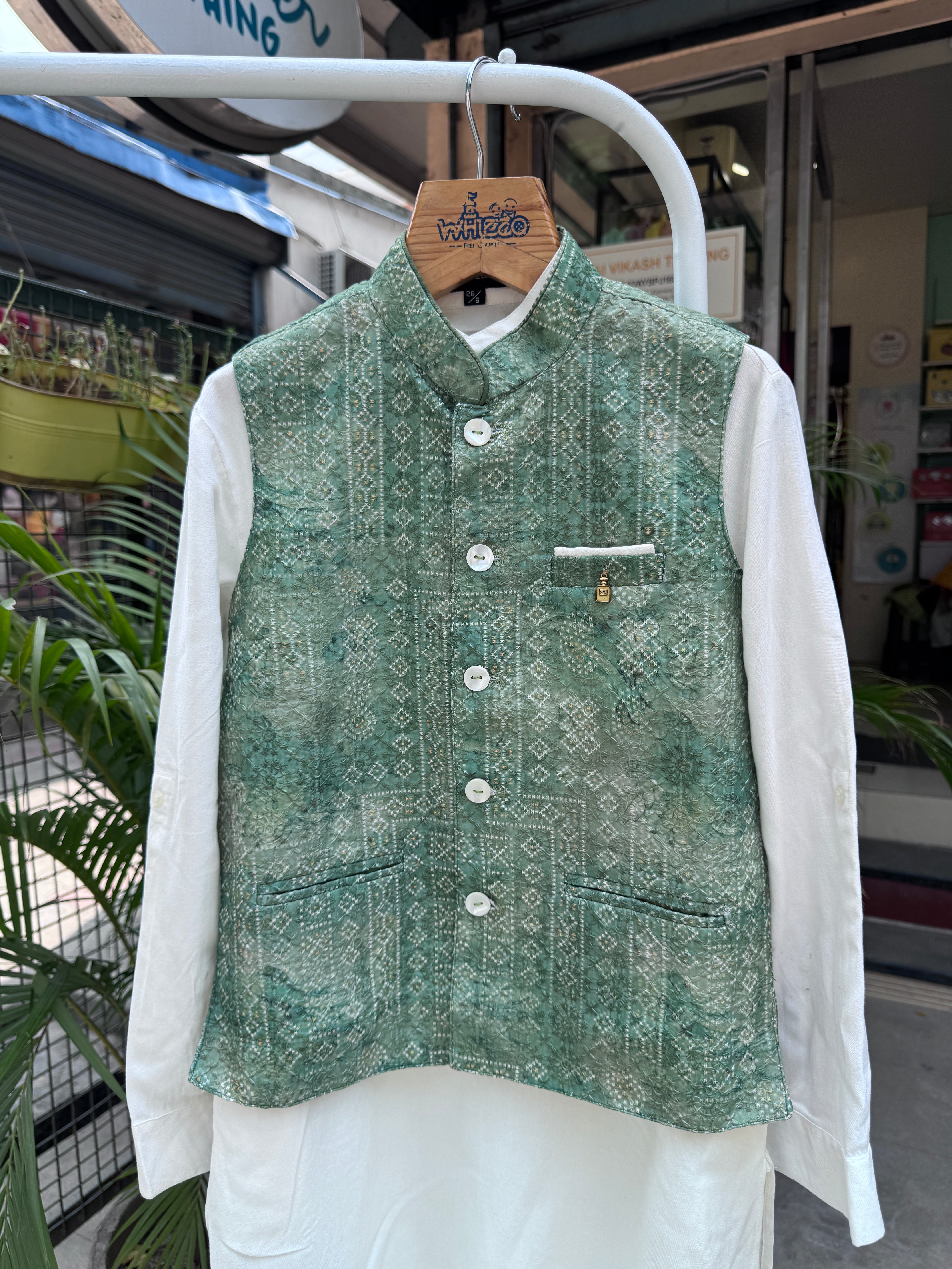 Boys Ivory Kurta Set with Mint Green Textured Nehru Jacket – Elegant Traditional Outfit with Cotton Lining (Age 1 to 7 Years)