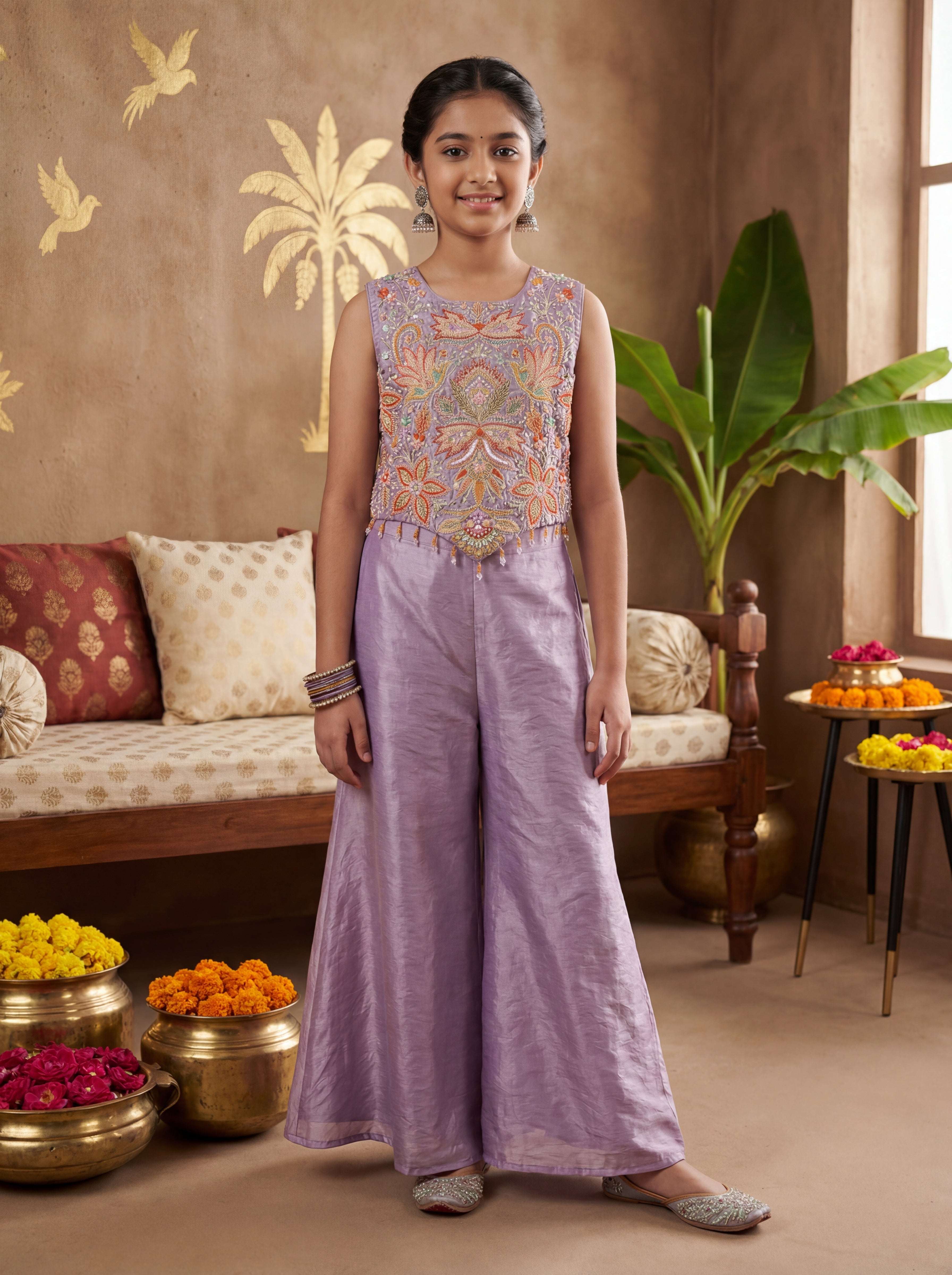 Whizzo Kids Lavender Embroidered Festive Gharara Set with Dupatta & Detachable Sleeves for Girls – Elegant Ethnic Occasion Wear with Soft Cotton Lining (Age 1 Year to 18 Years)