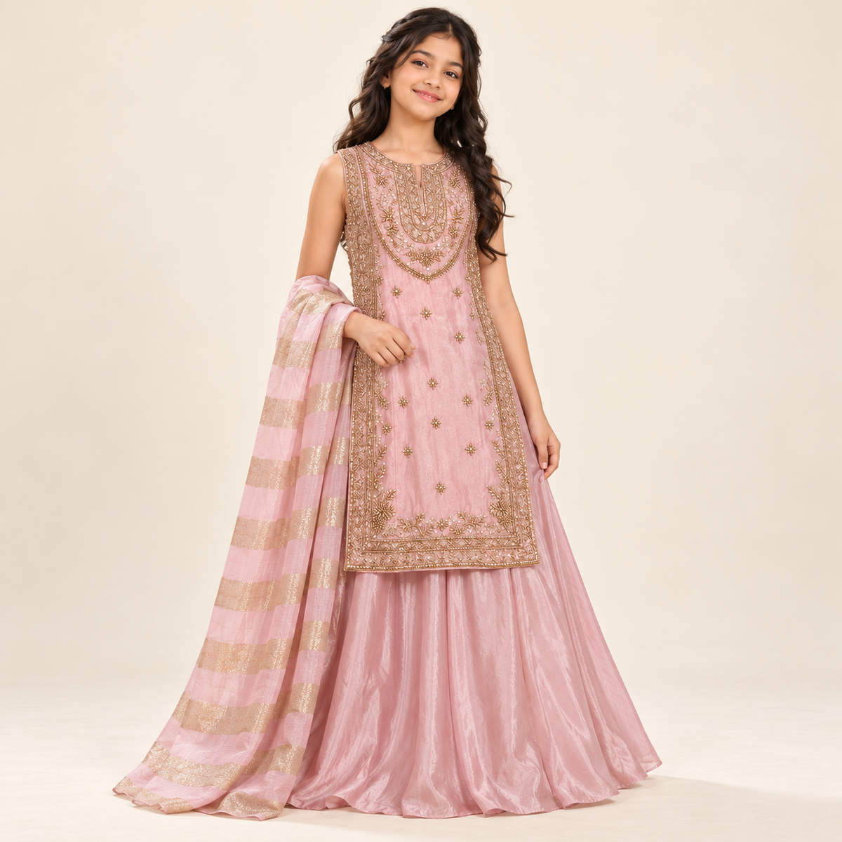 Alesha Gold Zari Panel Lehenga Set | 5-18Y